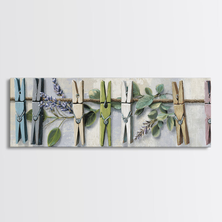 Clothespin Bouquet in Folk Art Style Framed Canvas Print, Laundry Room Art, Boho Decor, Living Room Decor, Fine Art, Clean, LRA-3x1-60