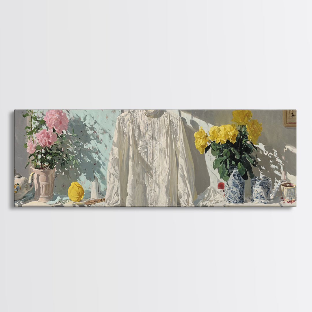 White Shirt on Hanger Canvas Print, Laundry Room Art, Whimsical Art, Living Room Decor, Watercolor Art, Clean, LRA-3x1-61