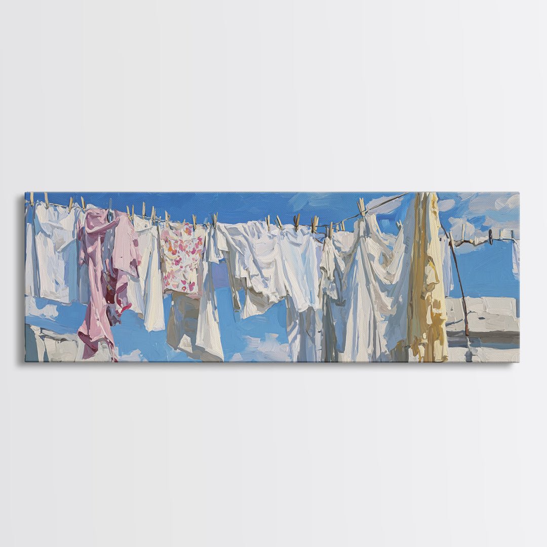 Clothesline with White Linens Blowing in Sunshine Canvas Print, Laundry Room Art, Downloadable Art, Living Room Decor, Clean, LRA-3x1-65