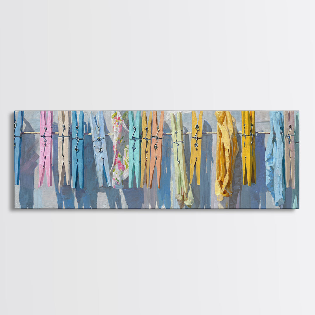 Cheerful Clothespins Arranged as Pattern Canvas Print, Laundry Room Art, Living Room Decor, Clean, Minimalist Wall Art, LRA-3x1-68