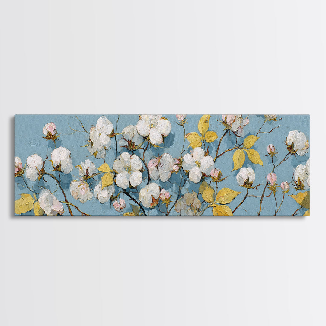 Fresh Cotton Branch Botanical Study Canvas Print, Laundry Room Art, New Home Gift, Living Room Decor, Oil Painting, Clean, LRA-3x1-71