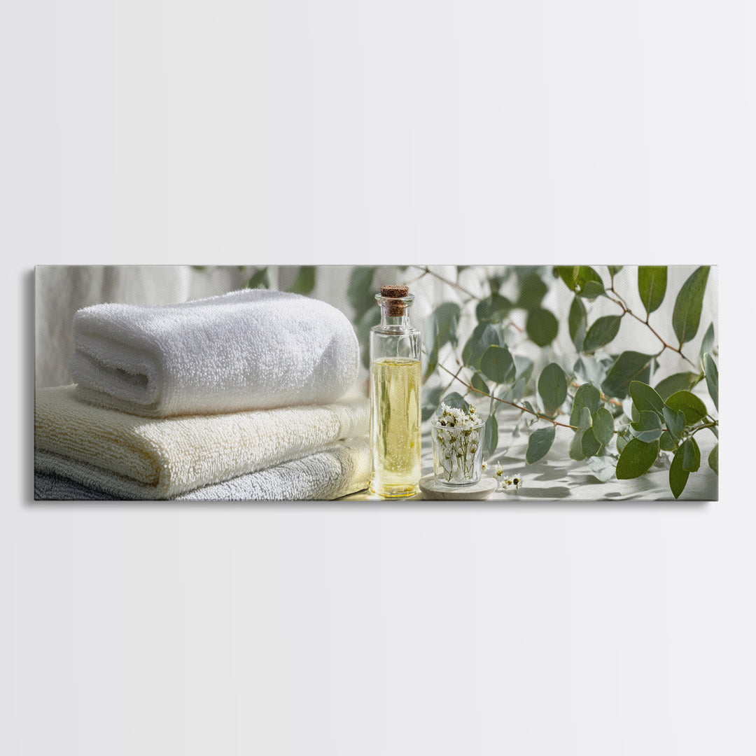 Sunlit White Towels and Eucalyptus Branch Canvas Print, Laundry Room Art, Printable Art, Living Room Decor, Watercolor Art, LRA-3x1-75