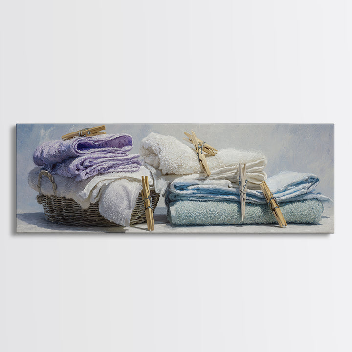 Basket of Folded Towels Canvas Print, Laundry Room Art, Painting, Living Room Decor, Fine Art, Clean, Wall Art Print, LRA-3x1-78