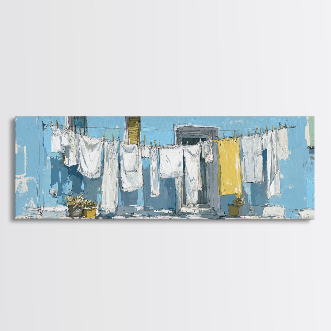 Simple Line Drawing of Hanging Laundry Canvas Print, Laundry Room Art, Painting, Living Room Decor, Abstract Art, Clean, LRA-3x1-80
