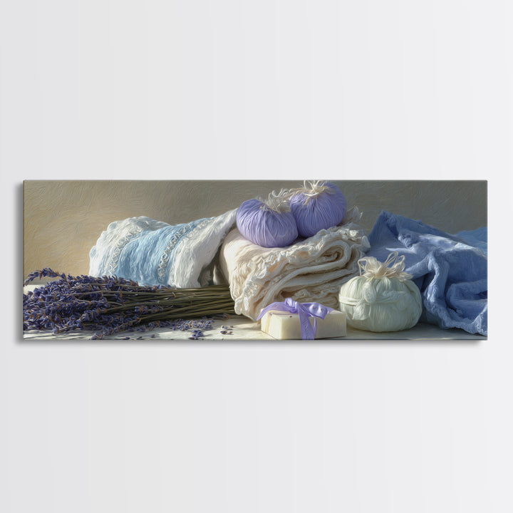 Lavender Sachet and Ribbon Still Life Framed Canvas Print, Laundry Room Art, Farmhouse Wall Art, Living Room Decor, Clean, LRA-3x1-81