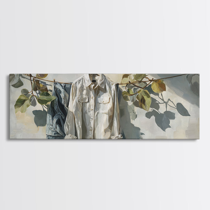 White Shirt on Hanger Canvas Print, Laundry Room Art, Whimsical Art, Living Room Decor, Watercolor Art, Clean, LRA-3x1-85