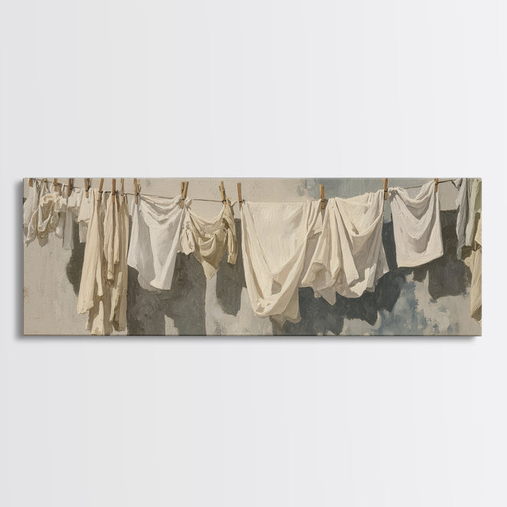 Clothesline with White Linens Blowing in Sunshine Canvas Print, Laundry Room Art, Digital Art Print, Living Room Decor, Clean, LRA-3x1-89