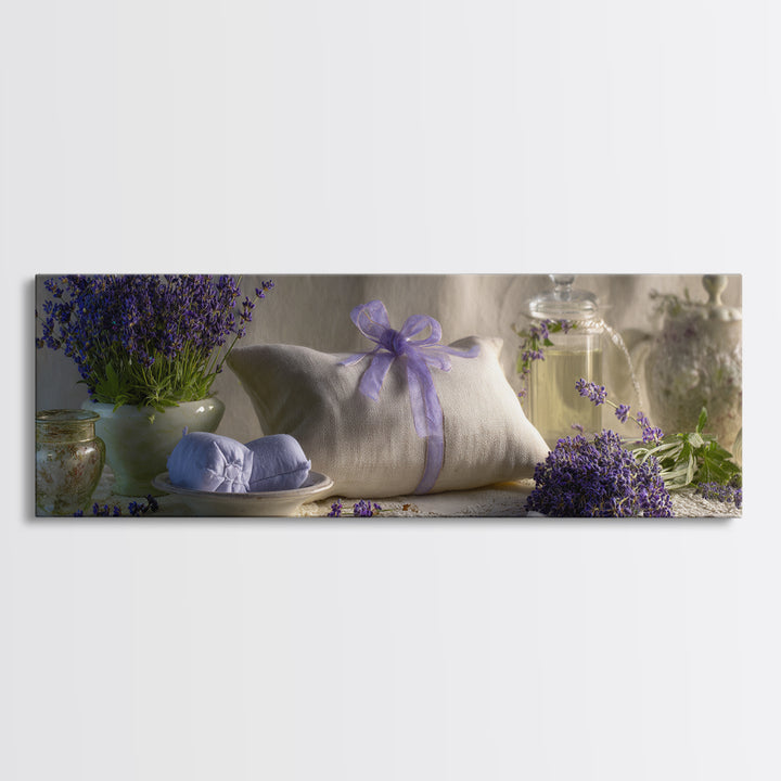 Lavender Sachet and Ribbon Still Life Framed Canvas Print, Laundry Room Art, Printable Art, Living Room Decor, Fine Art, Clean, LRA-3x1-9