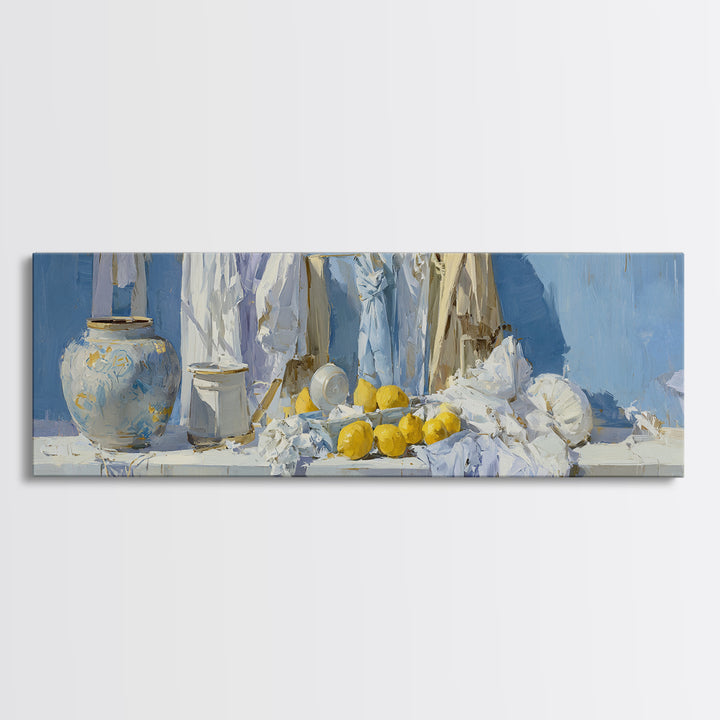 Lemon and Clean Linen Still Life Canvas Print, Laundry Room Art, Room Decor, Living Room Decor, Abstract Art, Clean, LRA-3x1-91