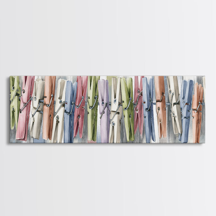 Cheerful Clothespins Arranged as Pattern Canvas Print, Laundry Room Art, Oil Painting, Living Room Decor, Clean, LRA-3x1-92
