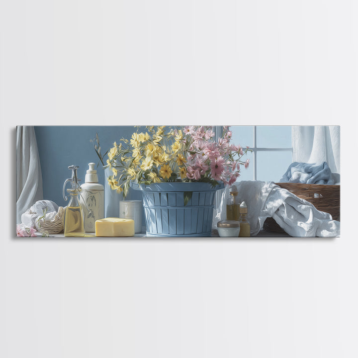 Blue Laundry Basket Canvas Print, Laundry Room Art, Funny Poster, Living Room Decor, Oil Painting, Clean, Minimalist Decor, LRA-3x1-93