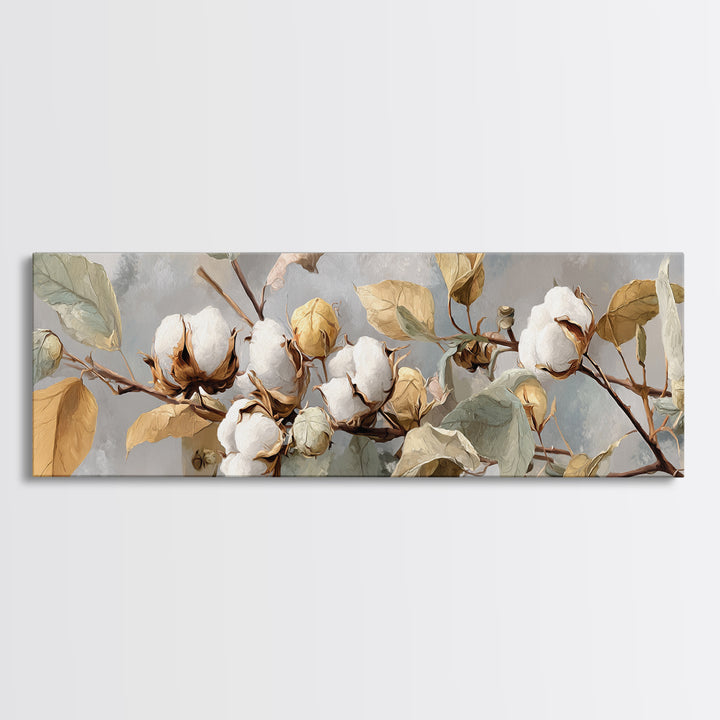 Fresh Cotton Branch Botanical Study Canvas Print, Laundry Room Art, Textured Painting, Living Room Decor, Fine Art, Clean, LRA-3x1-95