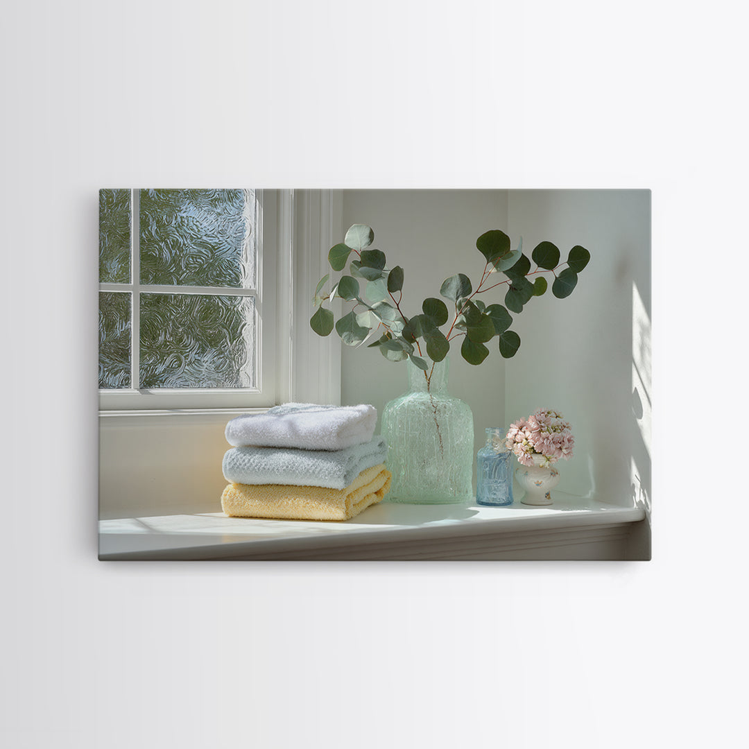 Sunlit White Towels and Eucalyptus Branch Framed Canvas Print, Laundry Room Art, New Home Gift, Living Room Decor, LRA-3x2-15