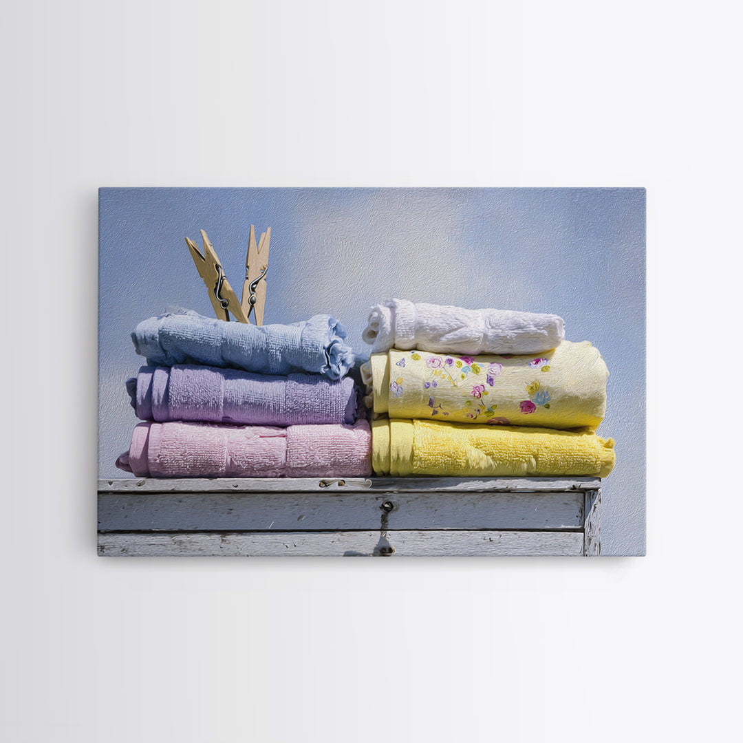 Basket of Folded Towels Framed Canvas Print, Laundry Room Art, Digital Print, Living Room Decor, Clean, Custom Wall Art, LRA-3x2-18