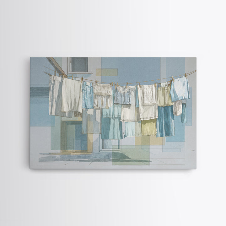 Simple Line Drawing of Hanging Laundry Framed Canvas Print, Laundry Room Art, Wall Art Print, Living Room Decor, Abstract Art, LRA-3x2-20