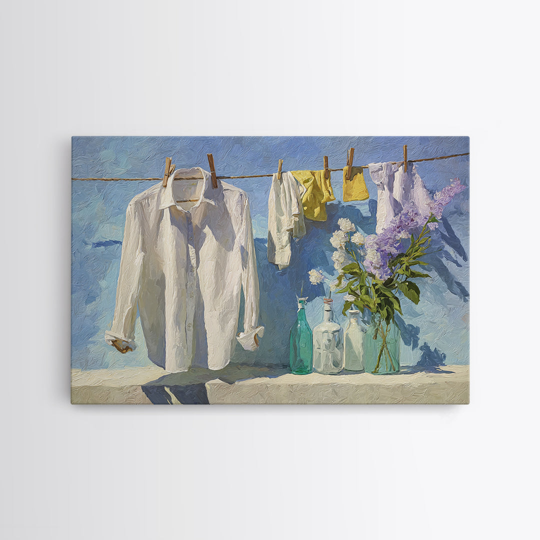 White Shirt on Hanger Framed Canvas Print, Laundry Room Art, Laundry Room Decor, Living Room Decor, Clean, Gallery Decor, LRA-3x2-25