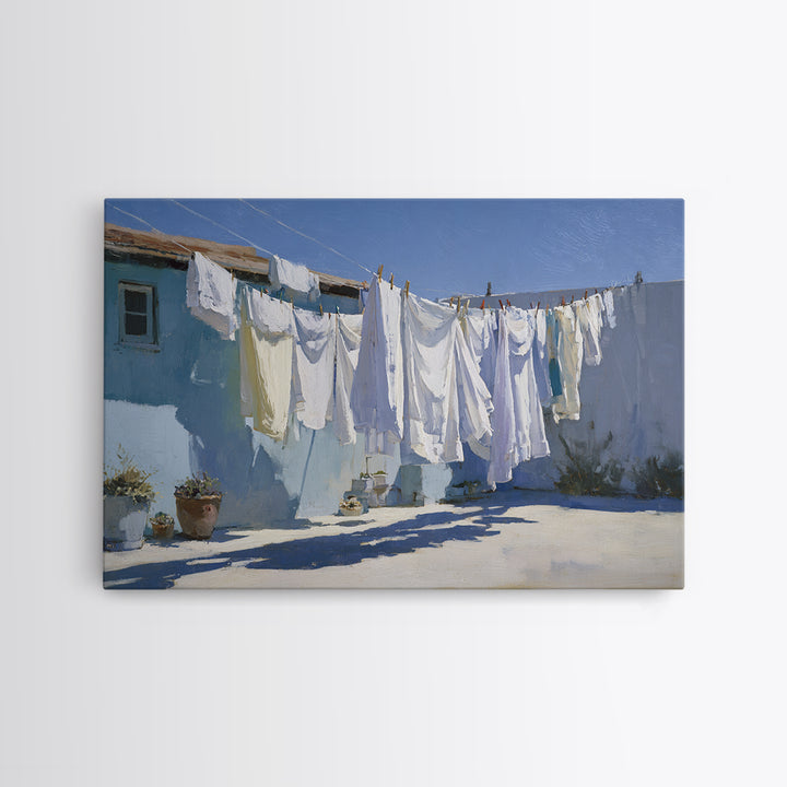 Clothesline with White Linens Blowing in Sunshine Canvas Print, Laundry Room Art, Gallery Wall Prints, Living Room Decor, Clean, LRA-3x2-29