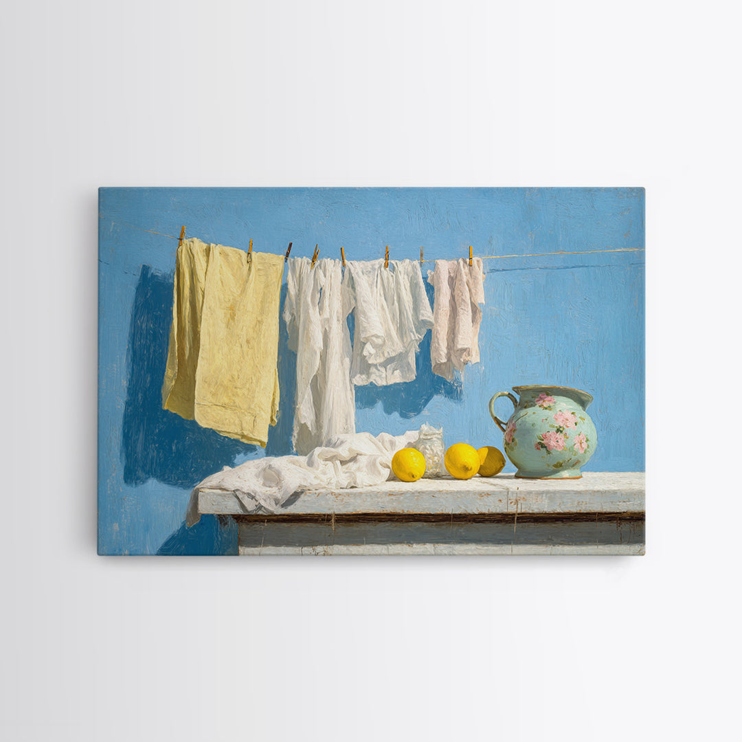 Lemon and Clean Linen Still Life Framed Canvas Print, Laundry Room Art, Living Room Decor, Abstract Art, Clean, LRA-3x2-31