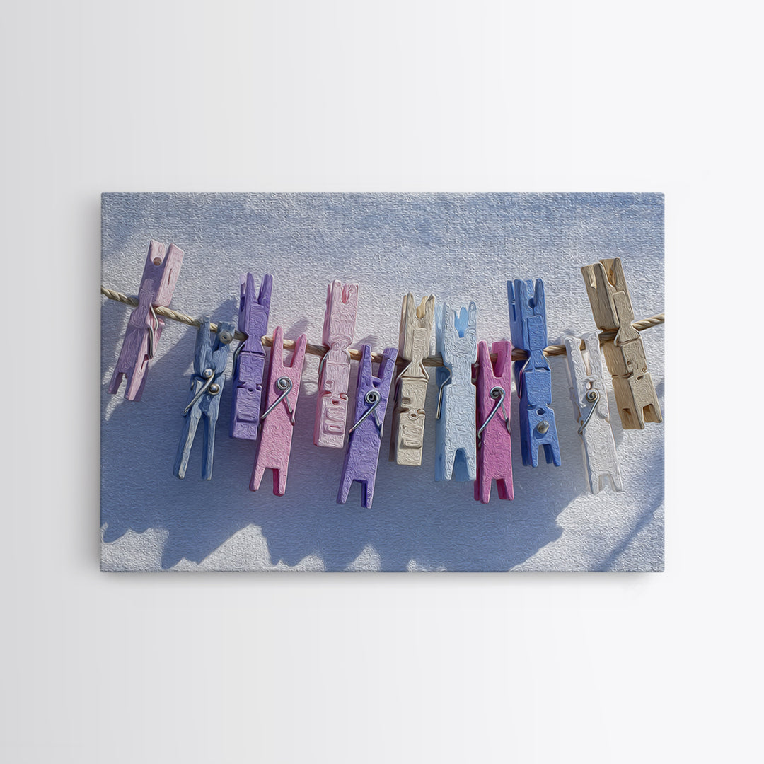 Cheerful Clothespins Arranged as Pattern Canvas Print, Laundry Room Art, Farmhouse Wall Decor, Living Room Decor, Clean, LRA-3x2-32