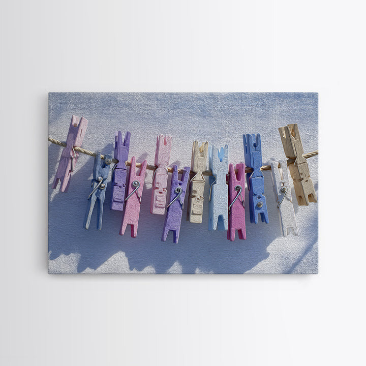 Cheerful Clothespins Arranged as Pattern Canvas Print, Laundry Room Art, Farmhouse Wall Decor, Living Room Decor, Clean, LRA-3x2-32