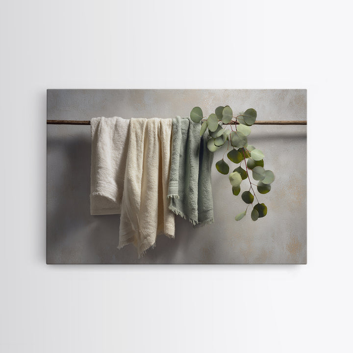 Sunlit White Towels and Eucalyptus Branch Framed Canvas Print, Laundry Room Art, Neutral Decor, Living Room Decor, LRA-3x2-39