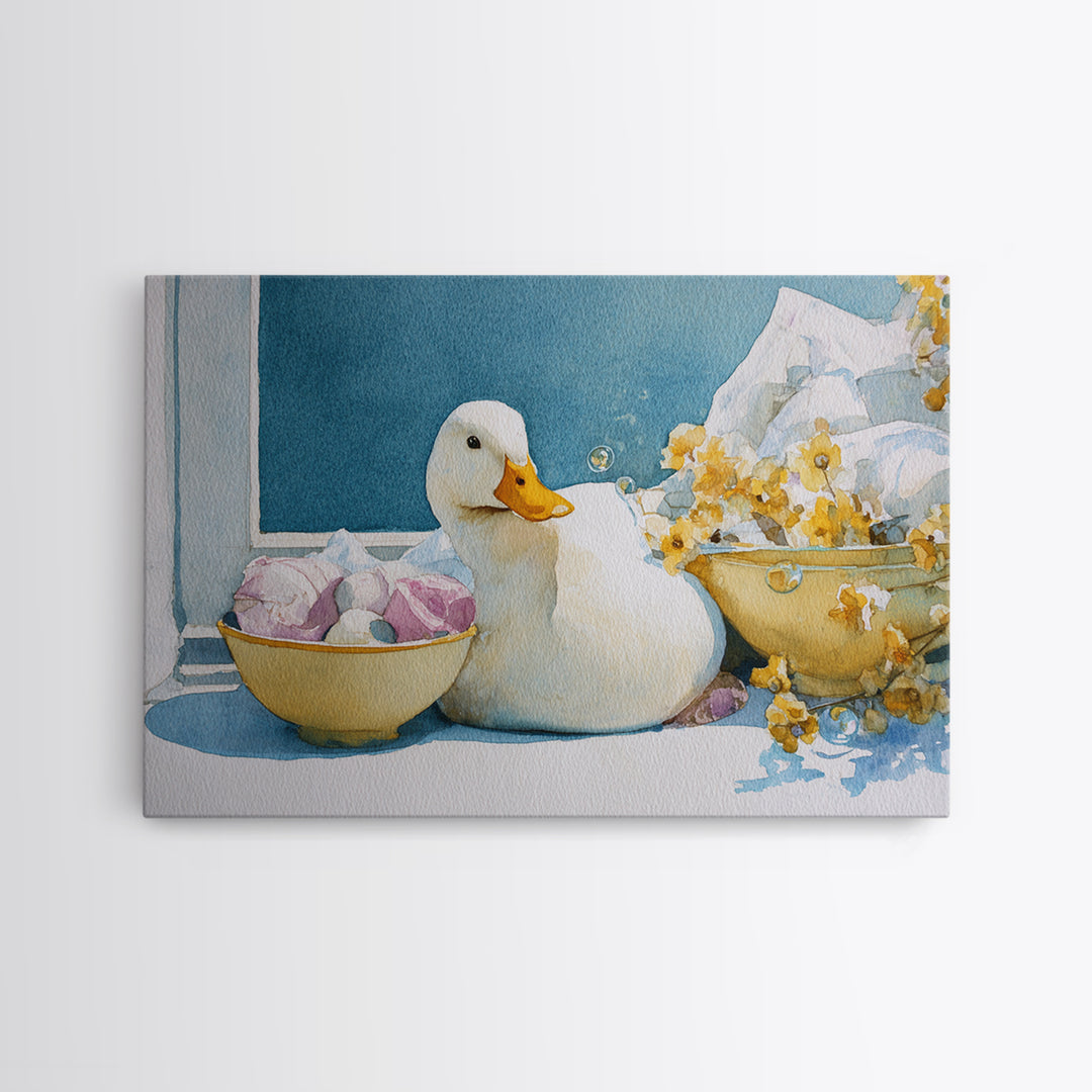 Duck and Bubbles Whimsical Watercolor Canvas Print, Laundry Room Art, Digital Art Print, Living Room Decor, Abstract Art, Clean, LRA-3x2-43