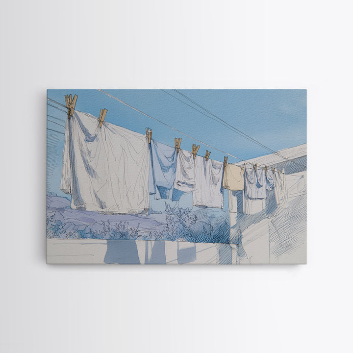 Simple Line Drawing of Hanging Laundry Canvas Print, Laundry Room Art, Custom Wall Art, Living Room Decor, Abstract Art, Clean, LRA-3x2-44