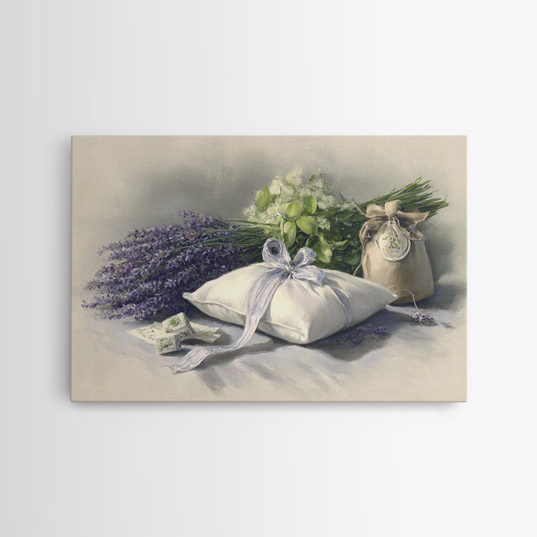 Lavender Sachet and Ribbon Still Life Framed Canvas Print, Laundry Room Art, Downloadable Art, Living Room Decor, Clean, LRA-3x2-45