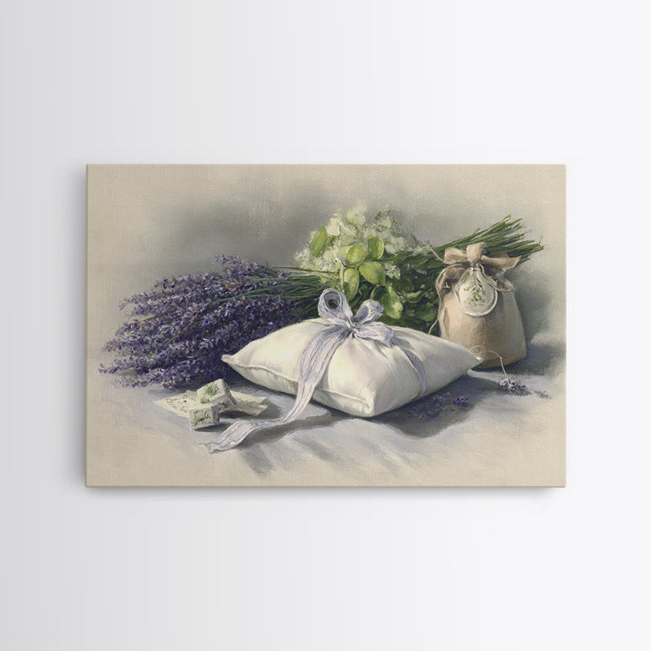 Lavender Sachet and Ribbon Still Life Framed Canvas Print, Laundry Room Art, Downloadable Art, Living Room Decor, Clean, LRA-3x2-45