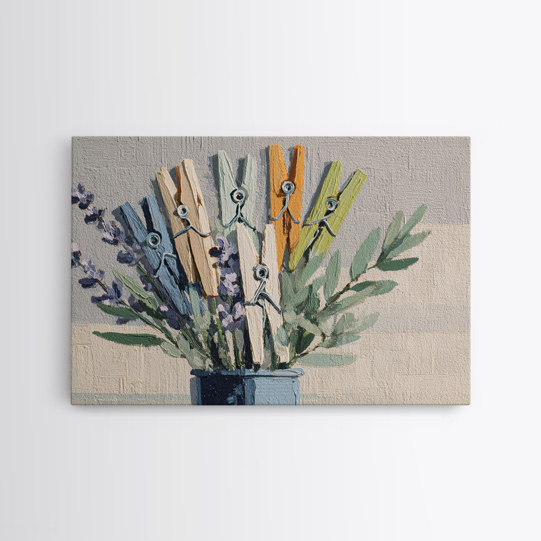 Clothespin Bouquet in Folk Art Style Canvas Print, Laundry Room Art, Farmhouse Wall Art, Living Room Decor, Fine Art, Clean, LRA-3x2-48
