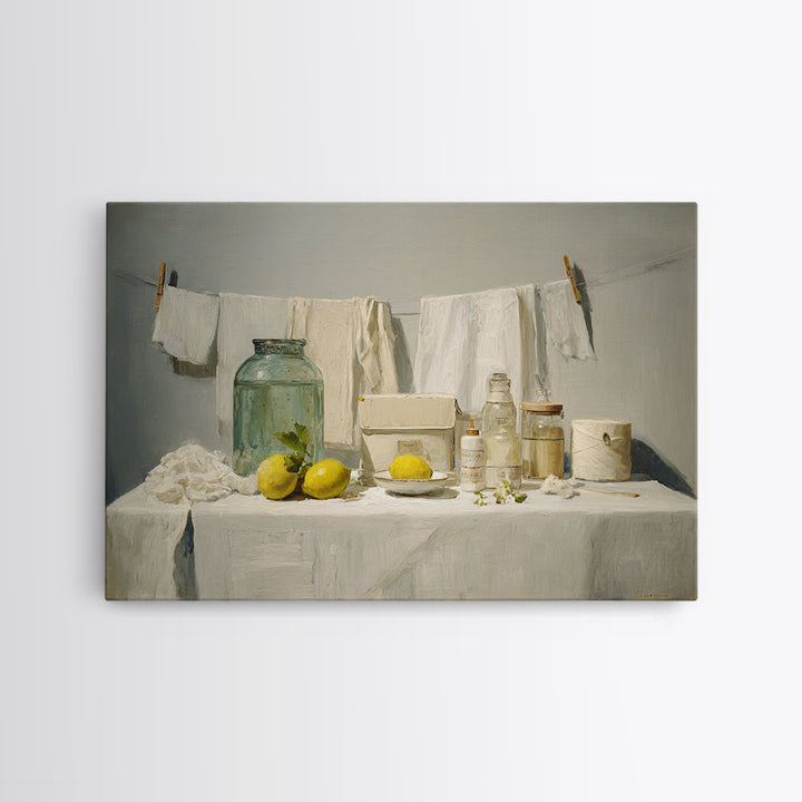 Lemon and Clean Linen Still Life Framed Canvas Print, Laundry Room Art, Digital Art, Living Room Decor, Abstract Art, Clean, LRA-3x2-55