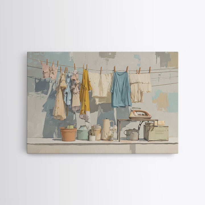 Retro Iron Illustration Canvas Print, Laundry Room Art, Farmhouse Wall Art, Living Room Decor, Oil Painting, Clean, LRA-3x2-61