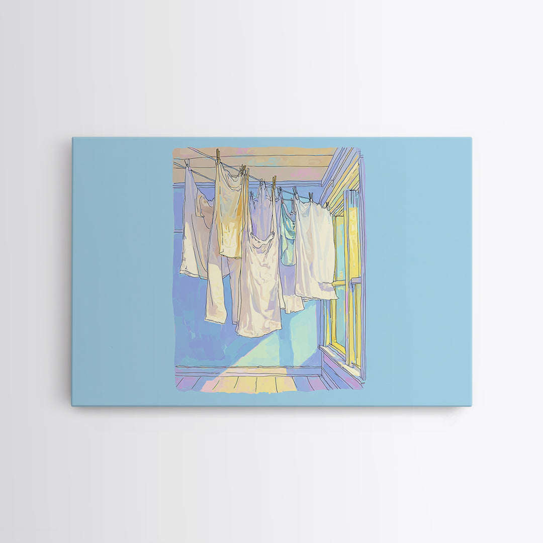 Simple Line Drawing of Hanging Laundry Canvas Print, Laundry Room Art, Neutral Decor, Living Room Decor, Fine Art, Clean, LRA-3x2-68