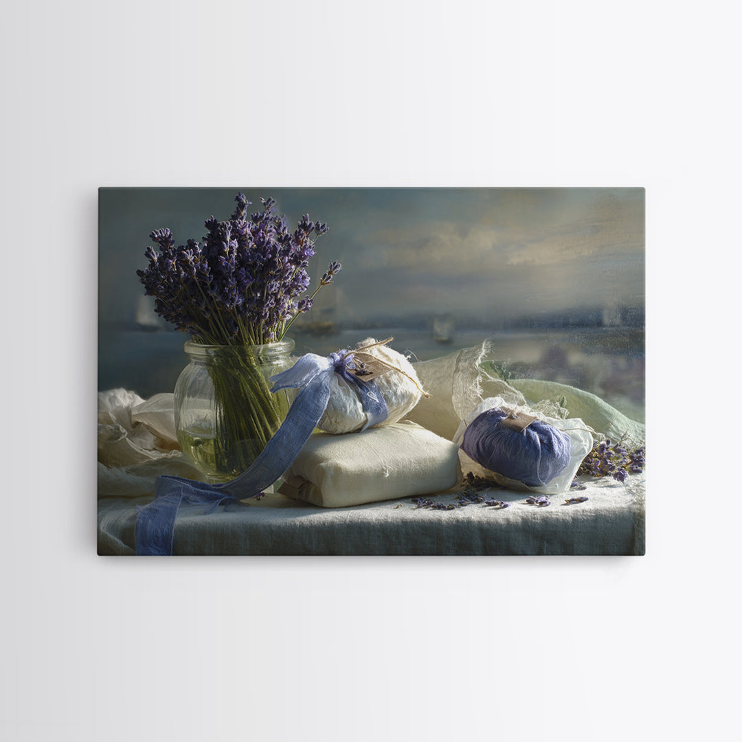 Lavender Sachet and Ribbon Still Life Framed Canvas Print, Laundry Room Art, Downloadable Art, Living Room Decor, Clean, LRA-3x2-69