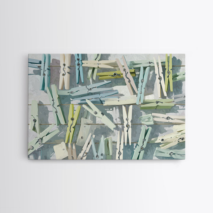 Cheerful Clothespins Arranged as Pattern Framed Canvas Print, Laundry Room Art, Farmhouse Decor, Living Room Decor, LRA-3x2-8