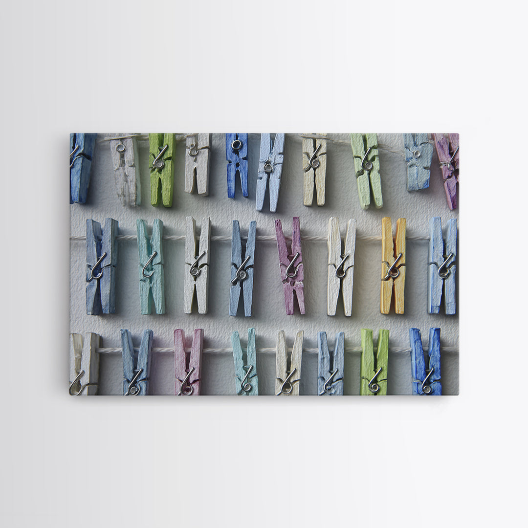 Cheerful Clothespins Arranged as Pattern Canvas Print, Laundry Room Art, Statement Artwork, Living Room Decor, Clean, LRA-3x2-80