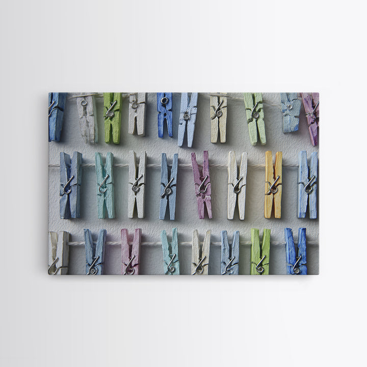 Cheerful Clothespins Arranged as Pattern Canvas Print, Laundry Room Art, Statement Artwork, Living Room Decor, Clean, LRA-3x2-80