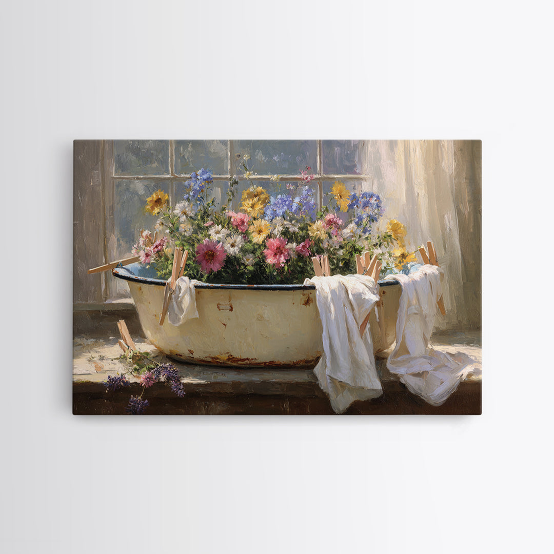 Old Enamel Basin Filled Canvas Print, Laundry Room Art, Boho Decor, Living Room Decor, Fine Art, Clean, Printable Wall Art, LRA-3x2-84