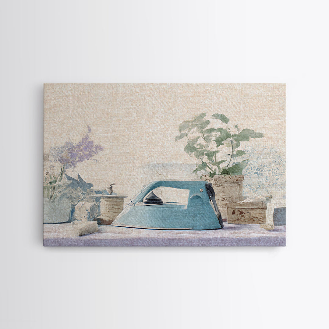 Retro Iron Illustration Framed Canvas Print, Laundry Room Art, Rustic Home Decor, Living Room Decor, Fine Art, Clean, LRA-3x2-85