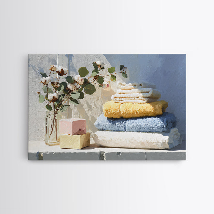 Sunlit White Towels and Eucalyptus Branch Framed Canvas Print, Laundry Room Art, Fine Art Print, Living Room Decor, Clean, LRA-3x2-87