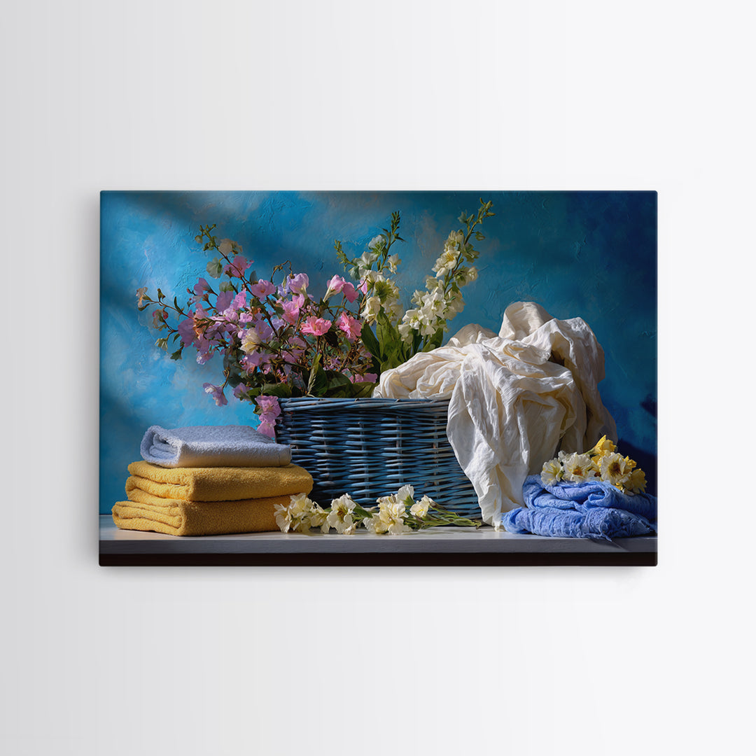 Blue Laundry Basket Framed Canvas Print, Laundry Room Art, Wall Art Print, Living Room Decor, Oil Painting, Clean, LRA-3x2-9