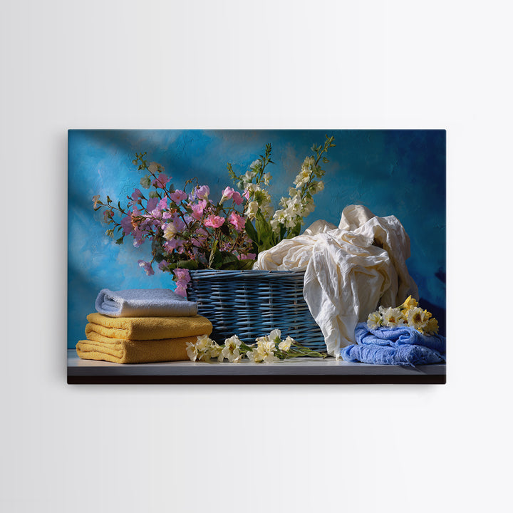 Blue Laundry Basket Framed Canvas Print, Laundry Room Art, Wall Art Print, Living Room Decor, Oil Painting, Clean, LRA-3x2-9