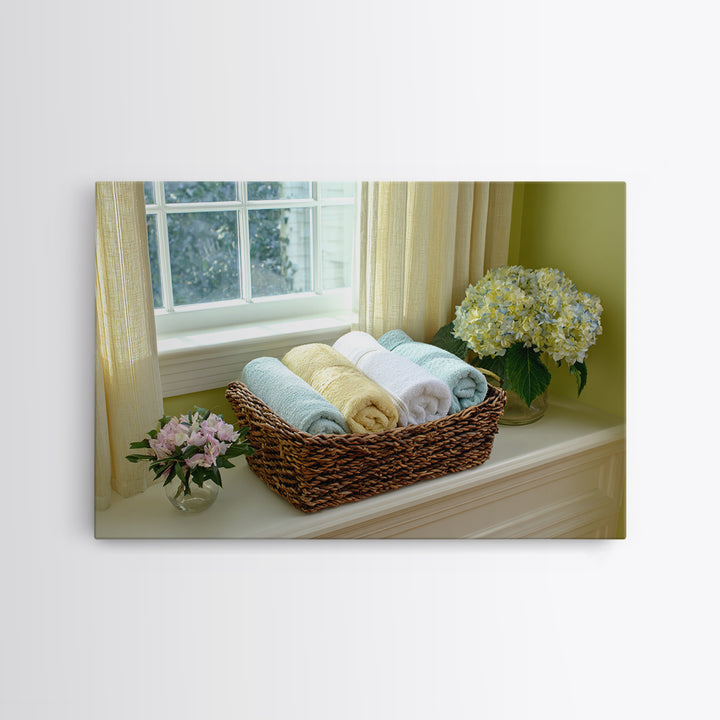 Basket of Folded Towels Framed Canvas Print, Laundry Room Art, Minimalist Wall Art, Living Room Decor, Fine Art, Clean, LRA-3x2-90