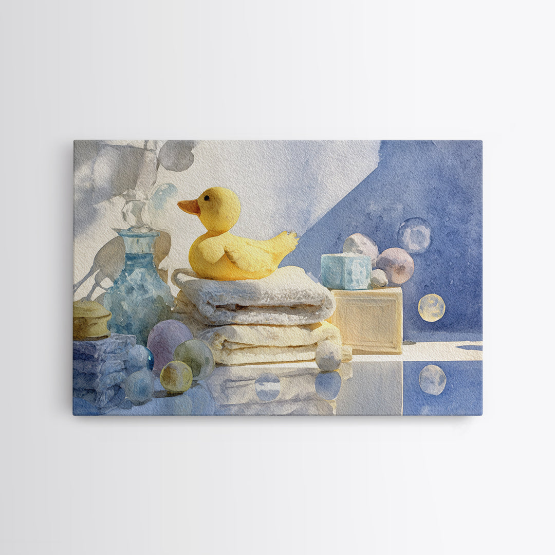 Duck and Bubbles Whimsical Watercolor Framed Canvas Print, Laundry Room Art, Painting, Living Room Decor, Oil Painting, Clean, LRA-3x2-91