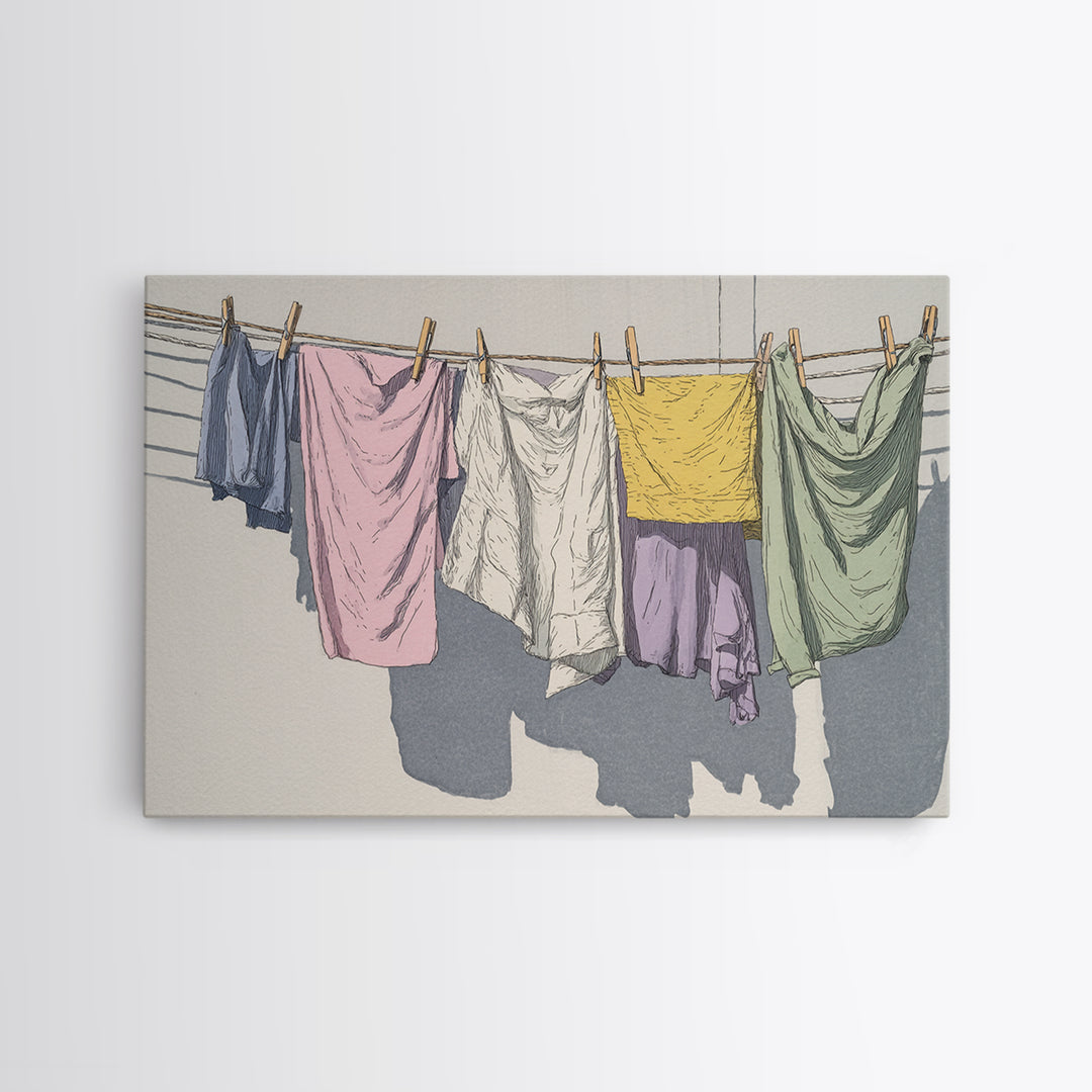 Simple Line Drawing of Hanging Laundry Framed Canvas Print, Laundry Room Art, Luxury Decor, Living Room Decor, Abstract Art, LRA-3x2-92