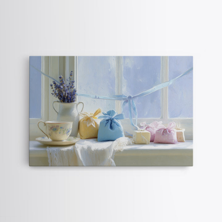 Lavender Sachet and Ribbon Still Life Canvas Print, Laundry Room Art, Digital Art Print, Living Room Decor, Fine Art, Clean, LRA-3x2-93