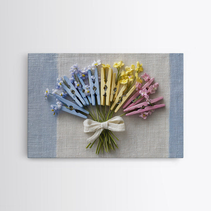 Clothespin Bouquet in Folk Art Style Framed Canvas Print, Laundry Room Art, Art Print, Living Room Decor, Fine Art, Clean, LRA-3x2-96