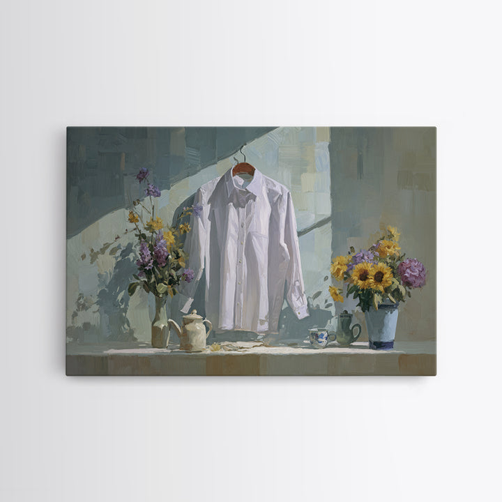 White Shirt on Hanger Framed Canvas Print, Laundry Room Art, Funny Poster, Living Room Decor, Watercolor Art, Clean, LRA-3x2-97