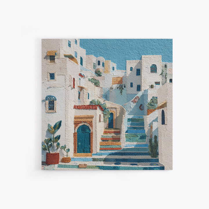 Greek Island White Buildings Above Blue Sea Framed Canvas Print, Mediterranean Art, Beach Wall Art, Living Room Decor, Azure, MAR-1x1-1