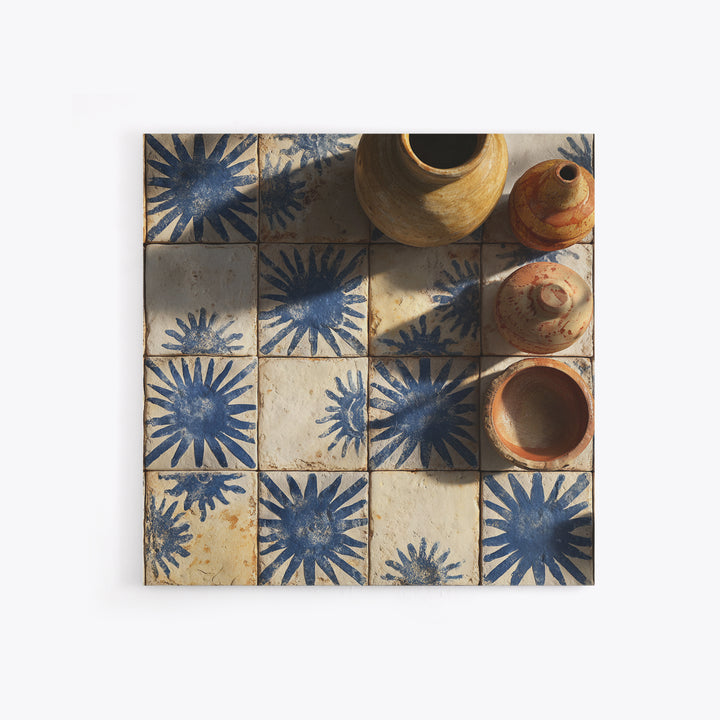 Blue and White Tile Pattern Framed Canvas Print, Mediterranean Art, Travel Poster, Living Room Decor, Watercolor Art, Azure, MAR-1x1-100